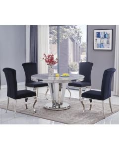 Riccardo Round Grey Marble Dining Table With 6 Liyana Black Chairs