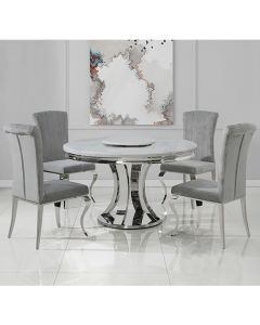 Romano 130cm Marble Dining Table In White With 4 Liyana Grey Chairs