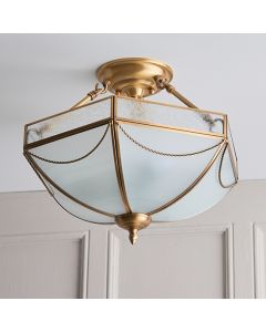 Russell 3 Lights Frosted Glass Semi Flush Ceiling Light In Antique Brass