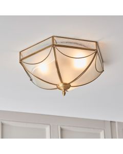Russell Frosted Glass 3 Lights Flush Ceiling Light In Antique Brass