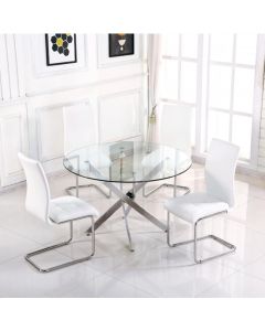 Samurai Small Clear Glass Dining Set With 4 White PU Chairs