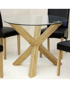 Saturn Large Round Glass Dining Table With Oak Wooden Legs