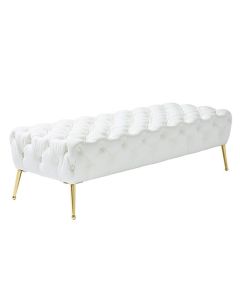 Savannah Velvet Upholstered Seating Bench In White With Gold Legs