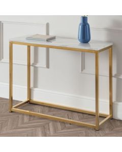 Scala Wooden Console Table In White Marble Effect With Gold Frame