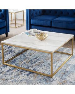 Scala Wooden Lamp Table In White Marble Effect With Gold Frame