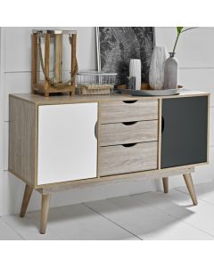Scandi Oak Wooden Sideboard With 1 Grey And 1 White Doors 3 Drawers