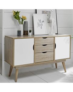 Scandi Oak Wooden Sideboard With 2 White Doors And 3 Drawers