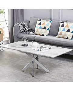 Scimitar Wooden Coffee Table In White Marble Effect With Siiver Legs