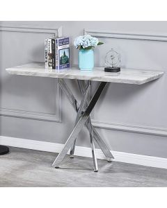 Scimitar Wooden Console Table In White Marble Effect With Siiver Legs