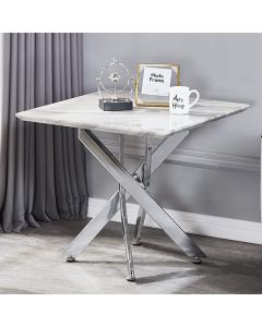 Scimitar Wooden Lamp Table In White Marble Effect With Siiver Legs
