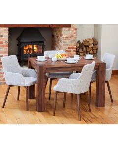 Mayan Wooden Dining Table In Walnut With 4 Vrux Light Grey Chairs