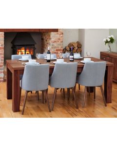 Shiro Extending Wooden Dining Table In Walnut With 6 Vrux Grey chairs