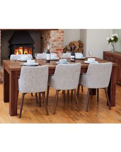 Shiro Extending Wooden Dining Table In Walnut With 6 Vrux Light Grey chairs