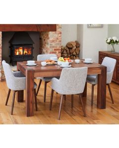 Shiro Medium Wooden Dining Table In Walnut With 4 Vrux Light Grey chairs