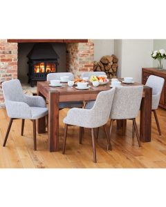 Shiro Medium Wooden Dining Table In Walnut With 6 Vrux Light Grey chairs