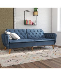 Tallulah Velvet Sofa Bed In Blue With Oak Wooden Legs