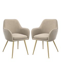 Tara Light Fawn Velvet Fabric Dining Chairs With Gold Legs In Pair