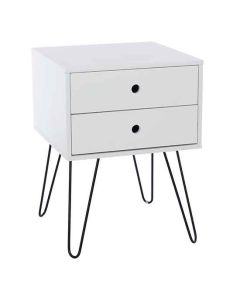 Telford Wooden 2 Drawers Bedside Cabinet In White With Black Metal Legs