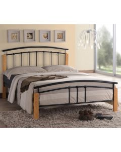 Tetras Metal Double Bed In Black And Oak Wooden Frame
