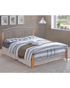 Tetras Metal King Size Bed In Silver And Oak Wooden Frame