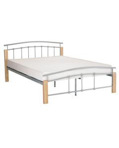 Tetras Wooden Double Bed In Beech With Silver Metal Posts