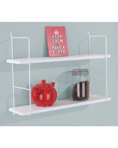 Thames Wooden Double Wall Shelf In White With Wire Uprights