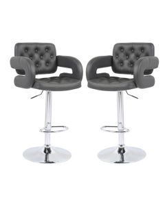 Utah Grey Faux Leather Bar Stools With Chrome Metal Base In Pair