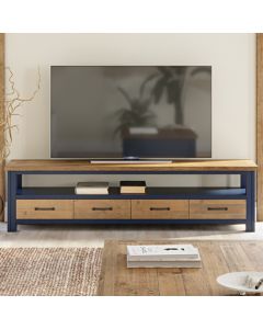 Splash Wooden Wide TV Stand With 4 Drawers In Oak And Blue
