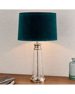 Winslet Teal Velvet Tapered Shade Table Lamp In Clear Glass Base