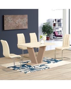 Zara Wooden Dining Table In Cream High Gloss With 4 Enzo Cream Chairs
