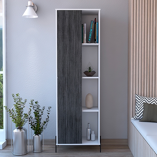 Dallas Tall Wooden Storage And Display Cabinet In Carbon Grey Oak