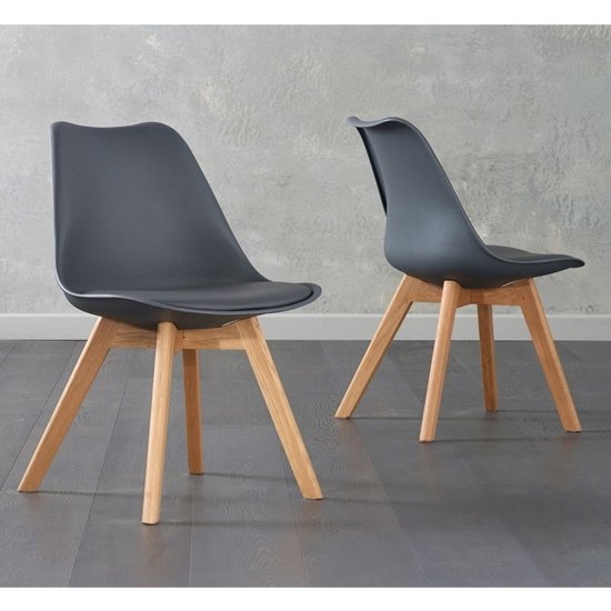 Dannii Dark Grey Faux Leather Dining Chairs With Oak Legs In Pair
