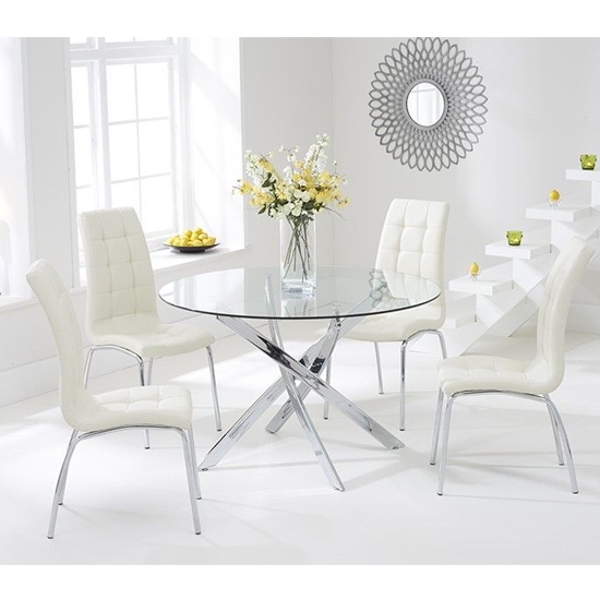 Daytona Round 110cm Clear Glass Dining Set With 4 Cream California Chairs