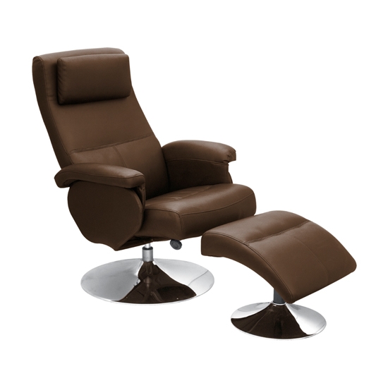 Denton Pu Leather Recliner With Footstool In Brown With Metal Base