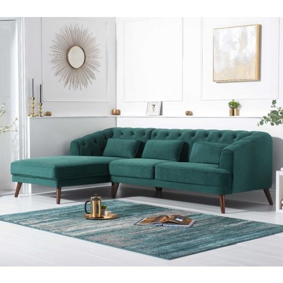 Destiny Left Hand Facing Velvet Upholstered Corner Sofa In Green
