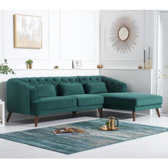 Destiny Right Hand Facing Velvet Upholstered Corner Sofa In Green