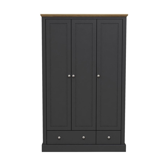 Devon Wooden Wardrobe In Charcoal With 3 Doors And 2 Drawers