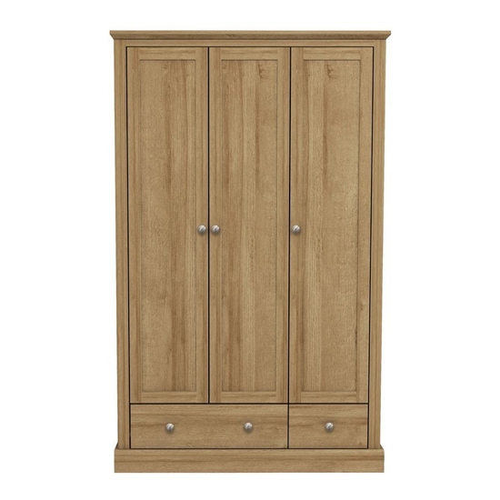 Devon Wooden Wardrobe In Oak With 3 Doors And 2 Drawers