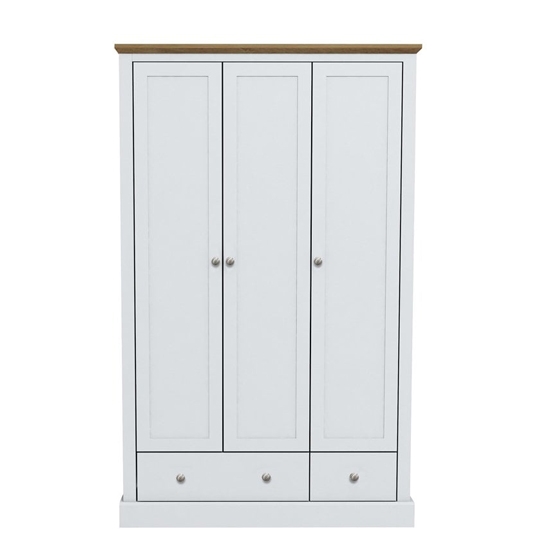Devon Wooden Wardrobe In White With 3 Doors And 2 Drawers