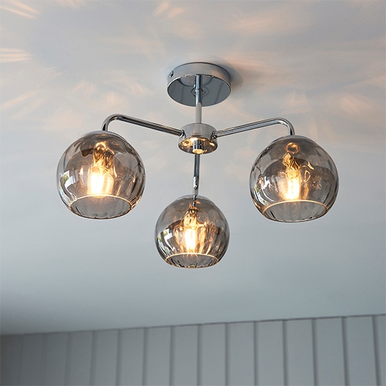 Dimple Smokey Glass Shades 3 Lights Semi Flush Ceiling Light In Polished Chrome