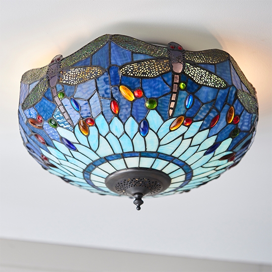 Dragonfly Medium Blue 2 Lights Flush Ceiling Light In Tiffany Glass