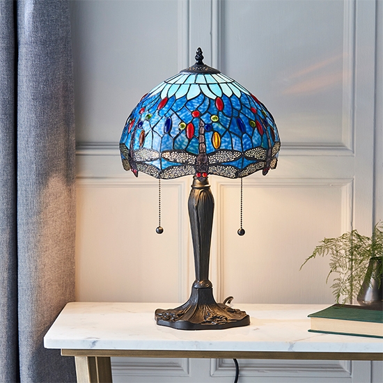 Dragonfly Small Blue Tiffany Glass Table Lamp In Dark Bronze