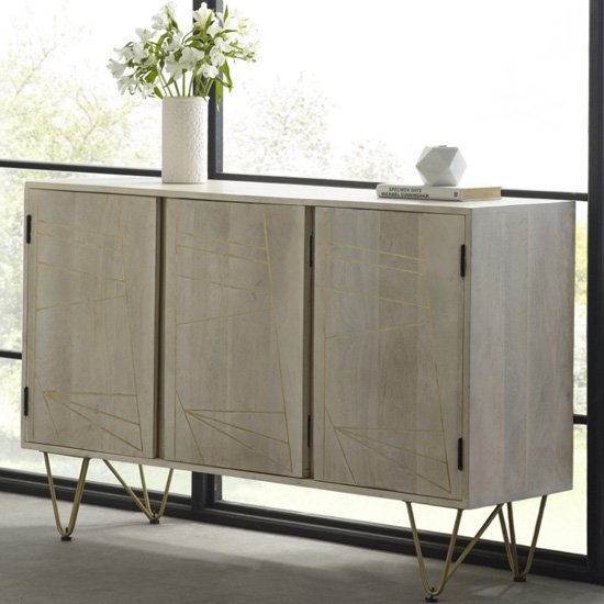 Dreka Large 3 Doors Wooden Sideboard In Light Gold