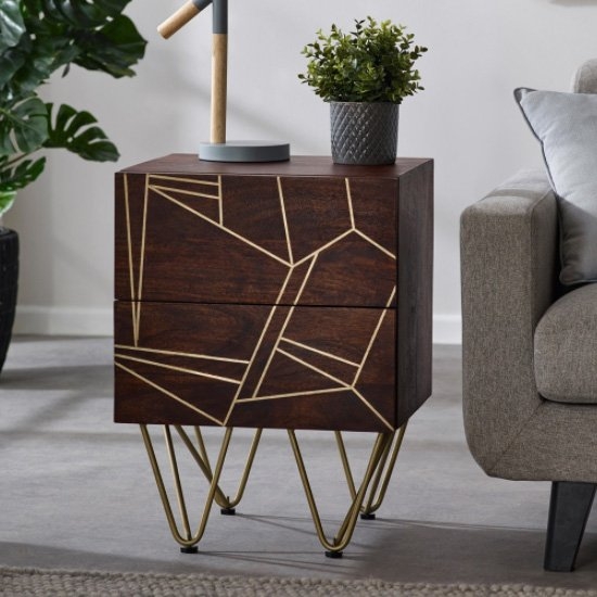 Dreka Wooden Side Table In Dark Gold With 2 Drawers
