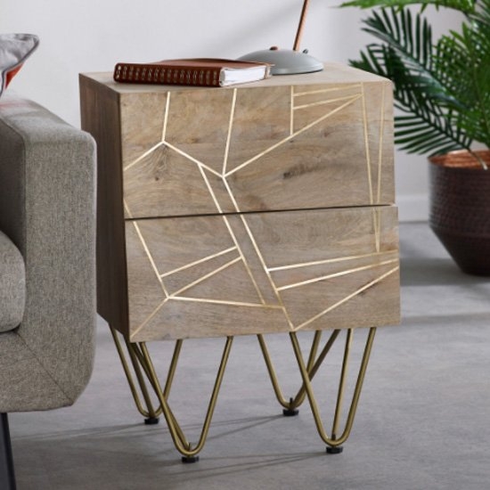 Dreka Wooden Side Table In Light Gold With 2 Drawers