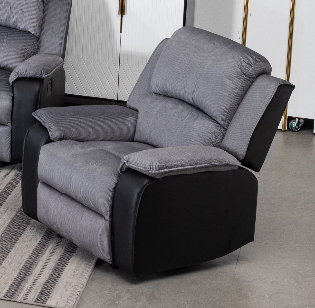 Earlsden Fabric And Pu Leather Recliner 1 Seater Sofa In Grey And Black