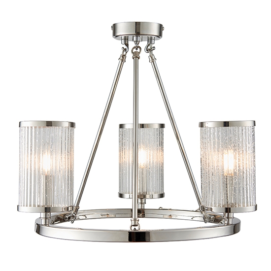 Easton 3 Lights Clear Ribbed Glass Semi Flush Ceiling Light In Bright Nickel