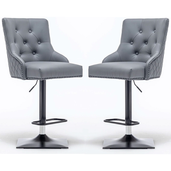 Elizabeth Round Knocker Grey Faux Leather Bar Chairs In Pair