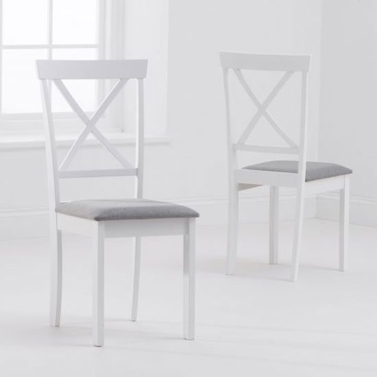 Elstree White Solid Hardwood Dining Chairs With Fabric Padded Seat In Pair
