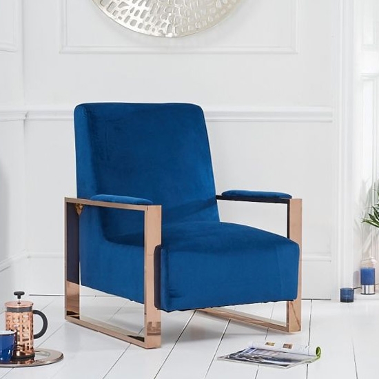 Erica Blue Velvet Bedroom Chair With Rose Gold Metal Legs